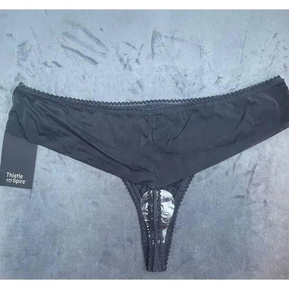 Thistle and Spire Eyelash Mirage Thong Womens XL Black Lace Sheer‎